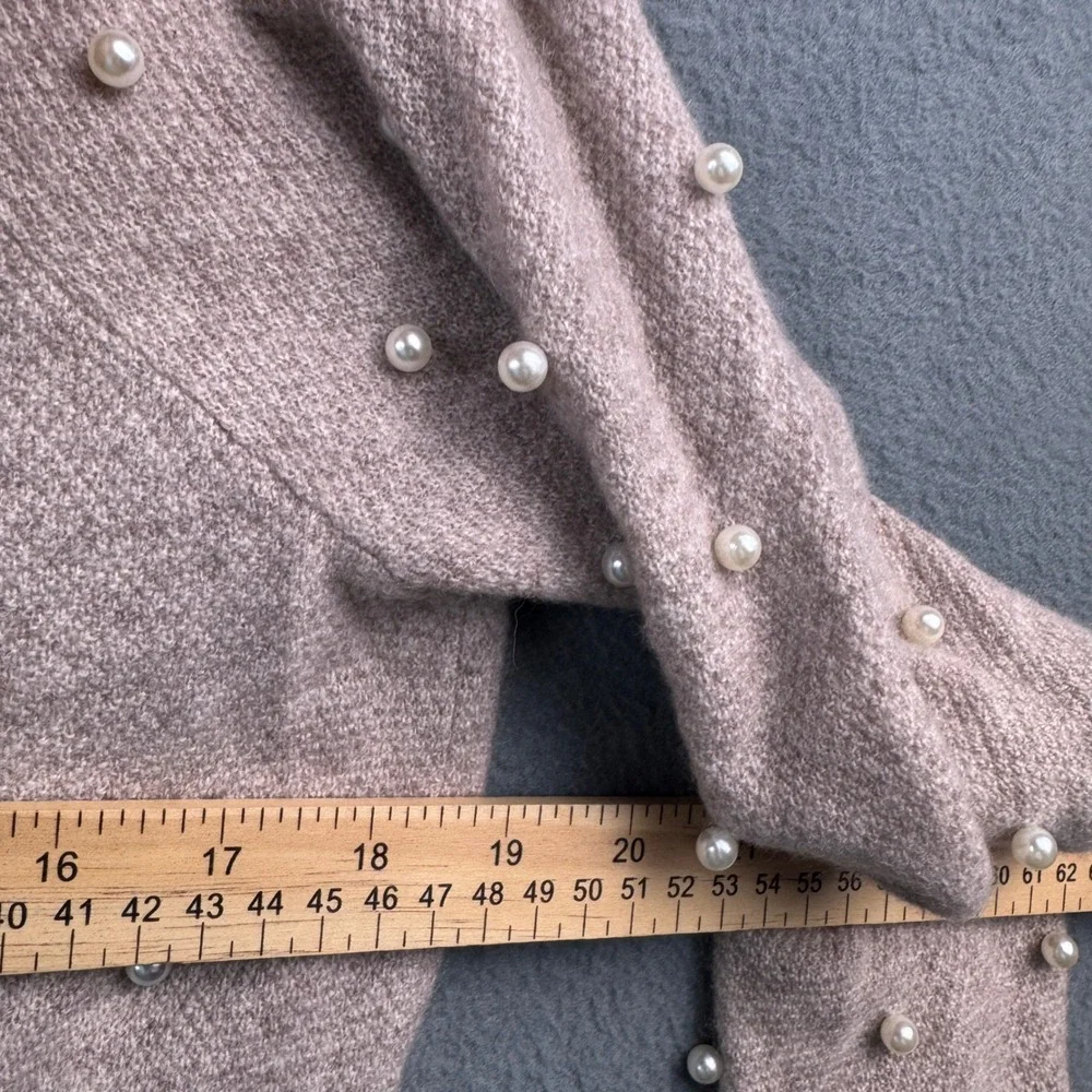 Charter Club Luxury 100% Cashmere Pearl Studded Off Shoulder Sweater Taupe Med